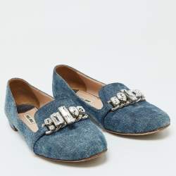 Miu Miu Blue Denim Crystal Embellished Smoking Slippers Size 38