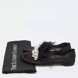 Miu Miu Black Satin Feather Crystal Embellished Smoking Slippers Size 38.5