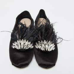 Miu Miu Black Satin Feather Crystal Embellished Smoking Slippers Size 38.5