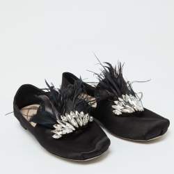 Miu Miu Black Satin Feather Crystal Embellished Smoking Slippers Size 38.5