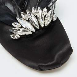 Miu Miu Black Satin Feather Crystal Embellished Smoking Slippers Size 38.5