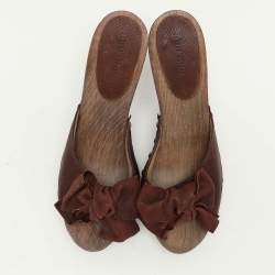 Miu Miu Brown Leather Wooden Clog Slide Sandals Size 39