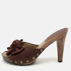 Miu Miu Brown Leather Wooden Clog Slide Sandals Size 39