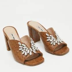 Miu Miu Brown Embossed Croc Crystal Embellished Slide Sandals Size 37