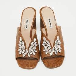 Miu Miu Brown Embossed Croc Crystal Embellished Slide Sandals Size 37