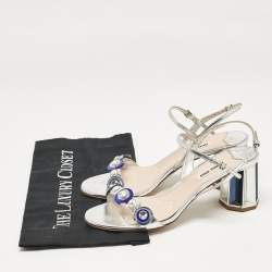 Miu Miu Silver Leather Crystal Embellished Ankle Strap Sandals Size 38