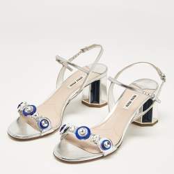 Miu Miu Silver Leather Crystal Embellished Ankle Strap Sandals Size 38