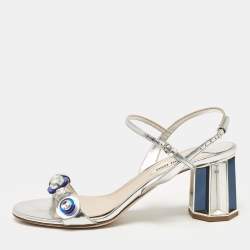 Miu Miu Silver Leather Crystal Embellished Ankle Strap Sandals Size 38
