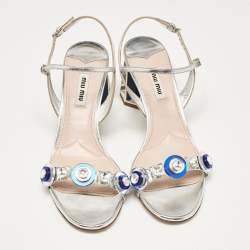 Miu Miu Silver Leather Crystal Embellished Ankle Strap Sandals Size 38