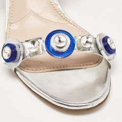 Miu Miu Silver Leather Crystal Embellished Ankle Strap Sandals Size 38