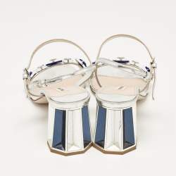 Miu Miu Silver Leather Crystal Embellished Ankle Strap Sandals Size 38