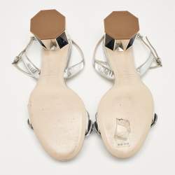 Miu Miu Silver Leather Crystal Embellished Ankle Strap Sandals Size 38