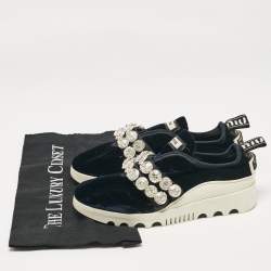 Miu Miu Navy Blue Velvet Crystal Embellished Slip On Sneakers Size 35.5