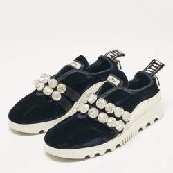 Miu Miu Navy Blue Velvet Crystal Embellished Slip On Sneakers Size 35.5