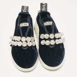 Miu Miu Navy Blue Velvet Crystal Embellished Slip On Sneakers Size 35.5