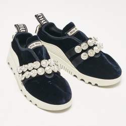 Miu Miu Navy Blue Velvet Crystal Embellished Slip On Sneakers Size 35.5