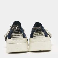 Miu Miu Navy Blue Velvet Crystal Embellished Slip On Sneakers Size 35.5