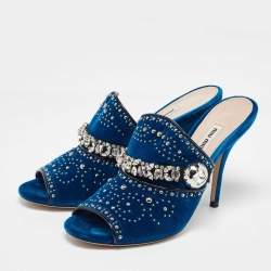 Miu Miu Blue Velvet Studded and Crystal Embellished Mules Size 41