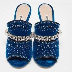 Miu Miu Blue Velvet Studded and Crystal Embellished Mules Size 41