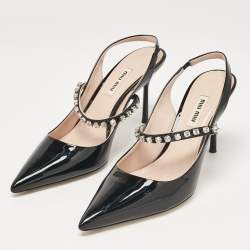 Pre Owned Miu Miu Black Patent Leather Crystal Embellished Pointed Toe Slingback Pumps Size 37.5