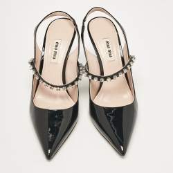 Pre Owned Miu Miu Black Patent Leather Crystal Embellished Pointed Toe Slingback Pumps Size 37.5
