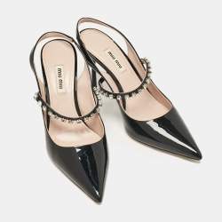 Pre Owned Miu Miu Black Patent Leather Crystal Embellished Pointed Toe Slingback Pumps Size 37.5