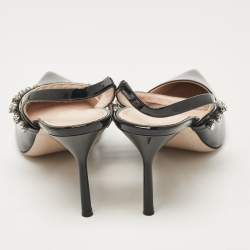 Pre Owned Miu Miu Black Patent Leather Crystal Embellished Pointed Toe Slingback Pumps Size 37.5