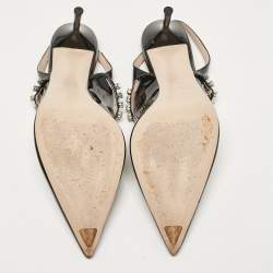 Pre Owned Miu Miu Black Patent Leather Crystal Embellished Pointed Toe Slingback Pumps Size 37.5