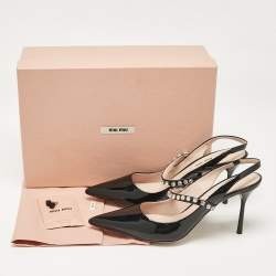 Pre Owned Miu Miu Black Patent Leather Crystal Embellished Pointed Toe Slingback Pumps Size 37.5