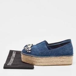 Miu Miu Blue Denim Crystal Embellished Platform Espadrille Flats Size 39.5