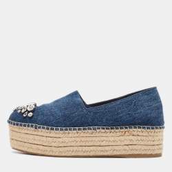 Miu Miu Blue Denim Crystal Embellished Platform Espadrille Flats Size 39.5