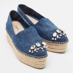 Miu Miu Blue Denim Crystal Embellished Platform Espadrille Flats Size 39.5
