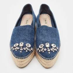 Miu Miu Blue Denim Crystal Embellished Platform Espadrille Flats Size 39.5
