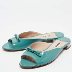 Miu Miu Green Patent Leather Bow Crystal Embellished Slides Size 37