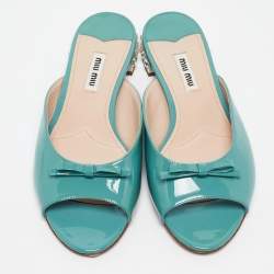 Miu Miu Green Patent Leather Bow Crystal Embellished Slides Size 37