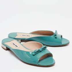 Miu Miu Green Patent Leather Bow Crystal Embellished Slides Size 37