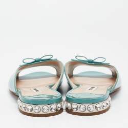Miu Miu Green Patent Leather Bow Crystal Embellished Slides Size 37