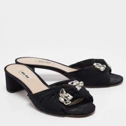 Miu Miu Black Satin and Knotted Fabric Crystal Embellished Slide Sandals Size 41