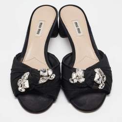 Miu Miu Black Satin and Knotted Fabric Crystal Embellished Slide Sandals Size 41