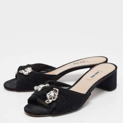 Miu Miu Black Satin and Knotted Fabric Crystal Embellished Slide Sandals Size 41