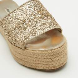 Miu Miu Gold Glitter Espadrille Platform Slide Sandals Size 38