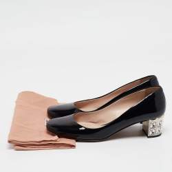 Miu Miu Black Patent Leather Crystal Embellished Block Heel Pumps Size 37