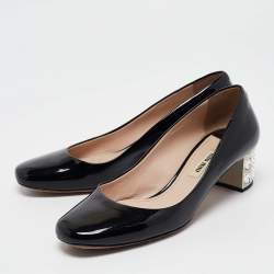 Miu Miu Black Patent Leather Crystal Embellished Block Heel Pumps Size 37