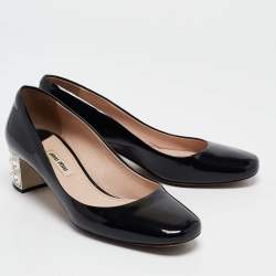 Miu Miu Black Patent Leather Crystal Embellished Block Heel Pumps Size 37