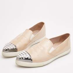 Miu Miu Beige Patent Leather Crystal Embellishment Pointed Sneakers Size 41