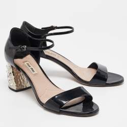 Miu Miu Black Patent Leather Crystal Embellished Ankle Strap Sandals Size 40