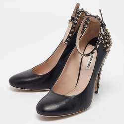 Miu Miu Black Leather Studded Ankle Strap Pumps Size 40