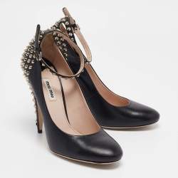Miu Miu Black Leather Studded Ankle Strap Pumps Size 40