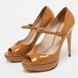 Miu Miu Brown Patent Leather Open Toe Platform Pumps Size 40