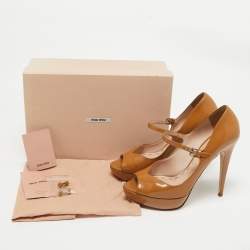 Miu Miu Brown Patent Leather Open Toe Platform Pumps Size 40